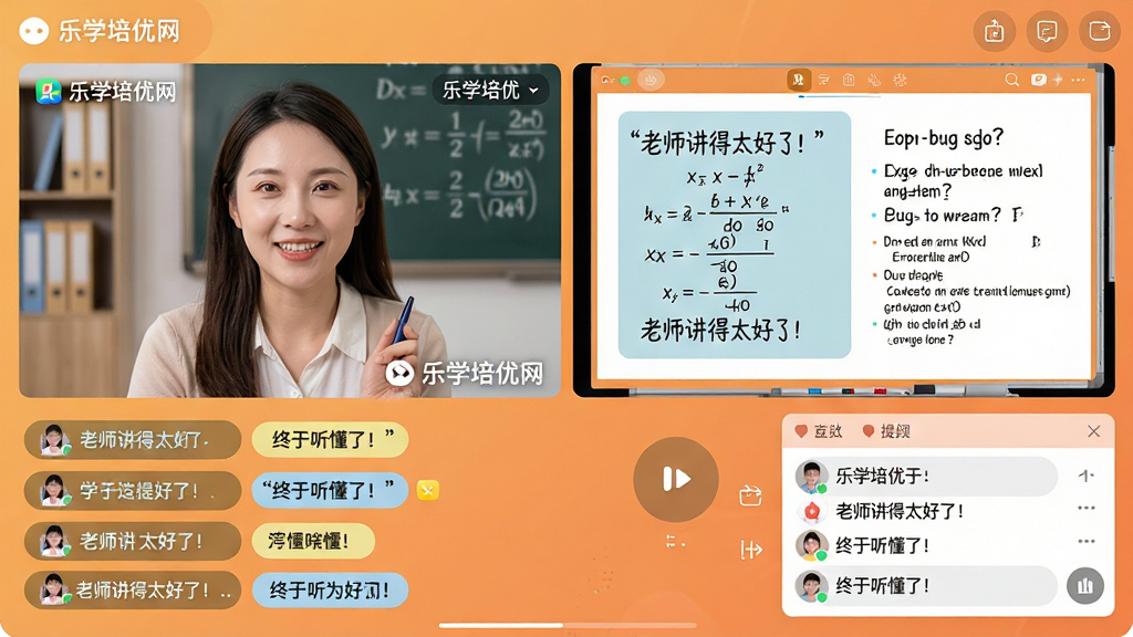 主体:乐学培优网App直播课堂界面,画面中一位亲切的女老师正通过摄像头授课,屏幕下方展示学生互动弹幕和在线提问列表。布局:左侧为老师视频窗口,右侧为课件白板,底部为互动区域。排版:功能分区明确,信息层级清晰。风格:真实教学场景与科技感结合,色调温暖明亮。细节:课件内容显示数学公式或英语语法,弹幕文字使用