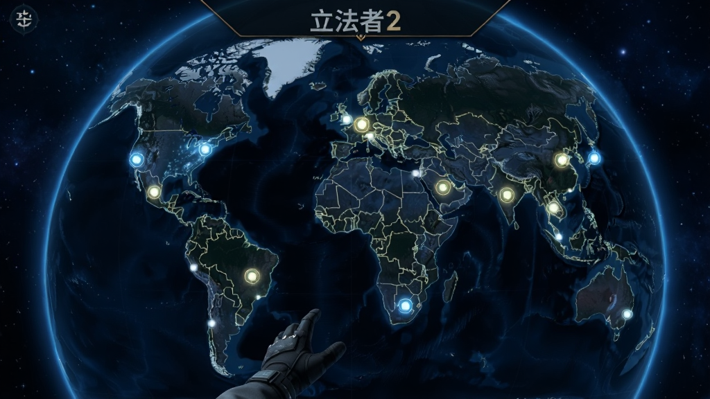 《立法者2》世界地图选择界面,以地球仪为背景,各个可玩国家以高亮光点标记,玩家视角悬浮于空中,画面采用深蓝色宇宙风格,突出探索感与全球视野,光点细节精致,画质高清,无多余元素
