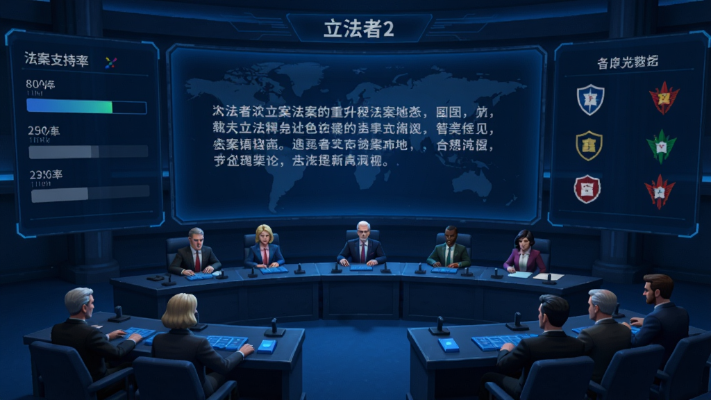 《立法者2》议会投票界面,大屏幕显示法案条文摘要,议员席上各党派代表正按键投票,画面以蓝色为主色调,突出科技感与严肃性,UI设计简洁直观,左侧显示法案支持率进度条,右侧为各党派立场图标,画质清晰,无多余元素