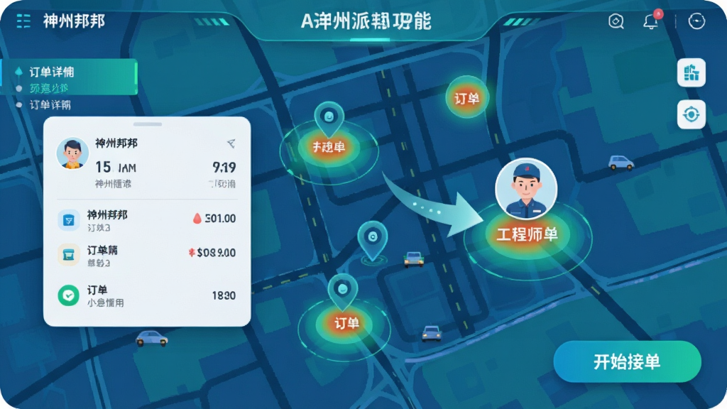 主体:神州邦邦APP智能派单功能界面,地图上显示多个订单热点,一个工程师头像被箭头指向其中一个订单。布局:地图占主画面,左侧有订单详情卡片弹出,右下角有“开始接单”按钮。排版:地图标记清晰,卡片信息简洁。风格:科技感插画风,蓝绿色调。细节:地图道路清晰,卡片圆角阴影,界面图标精致。画质:高清晰度,画面干净,无多余元素。