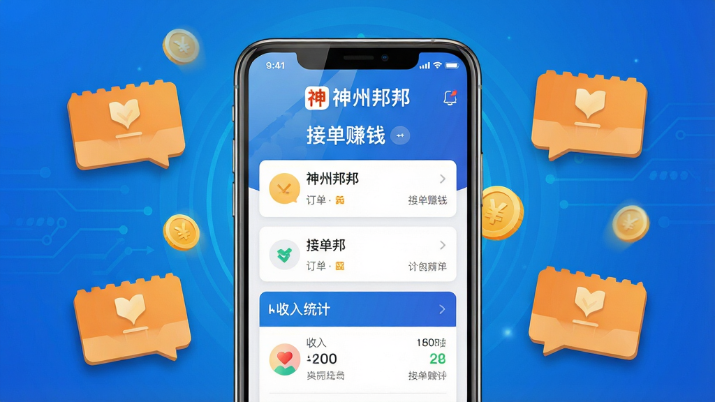 主体:神州邦邦APP界面,工程师手机接单场景,手机屏幕显示订单列表和收入统计。布局:手机居中,背景为科技蓝渐变,周围有悬浮的订单图标和金币图标。排版:界面清晰,订单卡片整齐排列,突出“神州邦邦”LOGO和“接单赚钱”字样。风格:现代扁平化设计,色彩鲜明,光线明亮。细节:手机屏幕反射微光,图标带有阴影,整体质感细腻。画质:高清渲染,干净,无多余元素。
