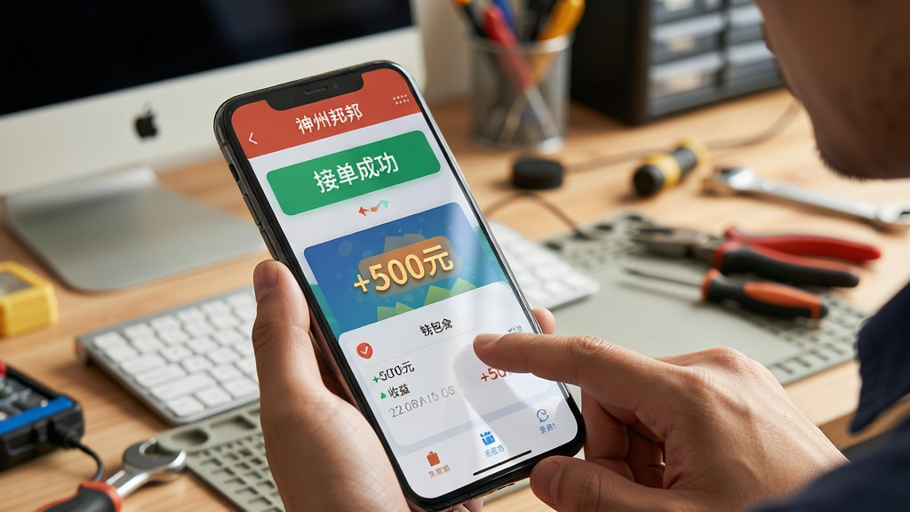 主体:工程师在手机上进行神州邦邦操作,画面展示接单成功提示和钱包余额。布局:手机特写,背景为工作台,有电脑和工具。排版:屏幕内容突出,显示“+500元”收益动画。风格:写实摄影风格,暖色调。细节:工程师手指点击屏幕,屏幕反光自然,周围环境整洁。画质:高清,细节丰富,干净无杂物。