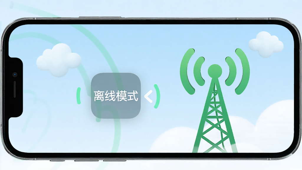 语音合成器离线合成功能展示,手机屏幕显示“离线模式”图标,背景为绿色信号塔与云朵,画面简洁,风格清新,突出无网络也能使用的特点,画质干净。