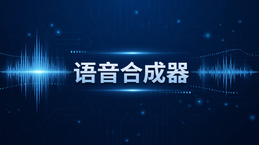 语音合成器智能语音引擎工作示意图,展示声波与文字转换的抽象图形,背景为科技蓝,画面中央显示“语音合成器”字样,排版简洁,风格专业,画质高清。