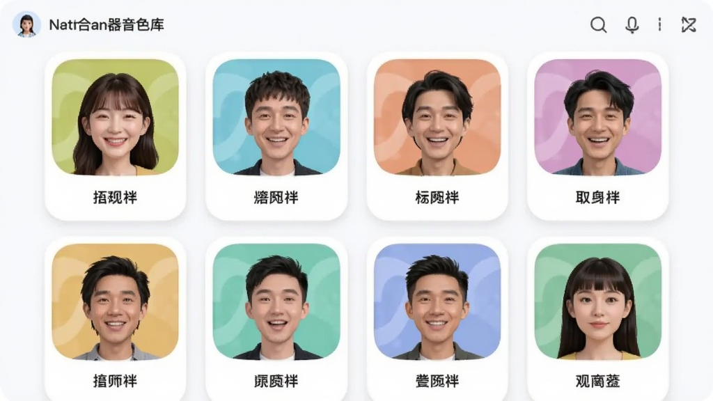 语音合成器音色库界面,展示多种声音头像卡片,每个卡片标注音色名称,背景为浅白色,卡片圆角设计,界面清新,布局整齐,画质干净。