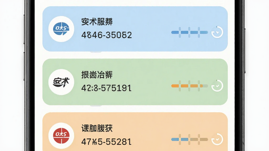 安术令牌应用的多账户管理列表界面预览图,主体是一部手机纵向展示,屏幕中呈现多个色彩不同的卡片式账户条目,每个卡片左侧有圆形服务商标识,中间显示账户名称和六位数字验证码,右侧显示倒计时进度条,卡片背景色有浅蓝、浅绿、浅橙等,整体界面采用圆角卡片设计,排版整齐,风格清爽干净,画质高清,无多余元素