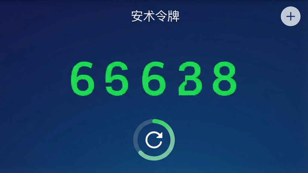 一张安术令牌手机应用的主界面截图风格图片,主体是深蓝色渐变背景,屏幕中央醒目显示一个6位数字动态验证码,数字字体采用粗体等宽样式,颜色为亮绿色,在数字下方有一个圆形的刷新倒计时圆环,界面顶部有“安术令牌”名称,右上角有添加按钮图标,整体布局干净简洁,扁平化设计风格,画质高清,光线均匀,无多余元素