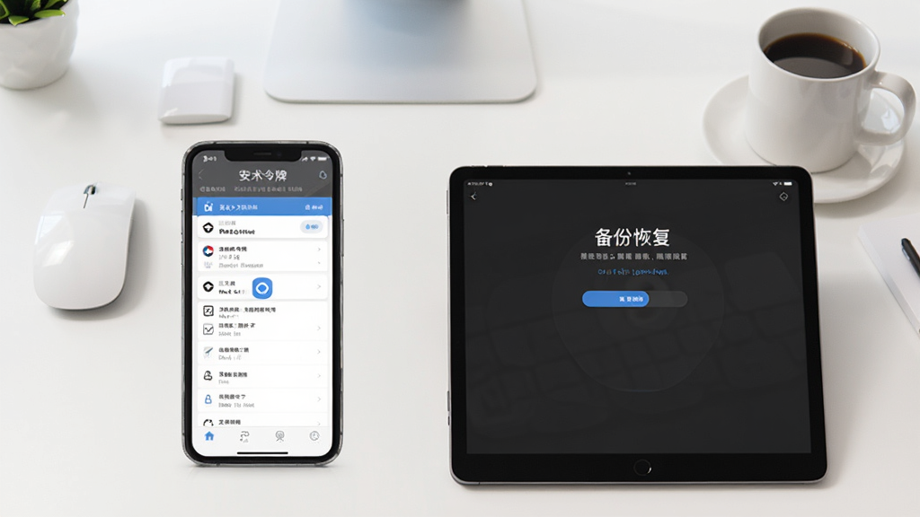 安术令牌应用在手机和平板上的使用场景示意图,主体是两部设备并排展示,左边是手机屏幕显示令牌列表,右边是平板电脑屏幕显示备份恢复界面,背景为简洁的工作台,有鼠标和咖啡杯,整体色调明亮,构图清晰,画质干净,无多余元素
