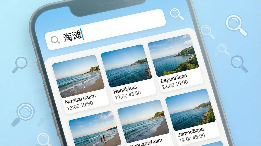 一张手机应用截图风格的设计图,界面顶部是搜索框,输入文字“海滩”,下方展示出多张海边风景照片的缩略图,每张照片下方有文件名和时间标签,背景为浅蓝色渐变,搭配放大镜图标点缀,整体风格简洁明快,突出快速查找的视觉效果,图片清晰干净,画质优秀