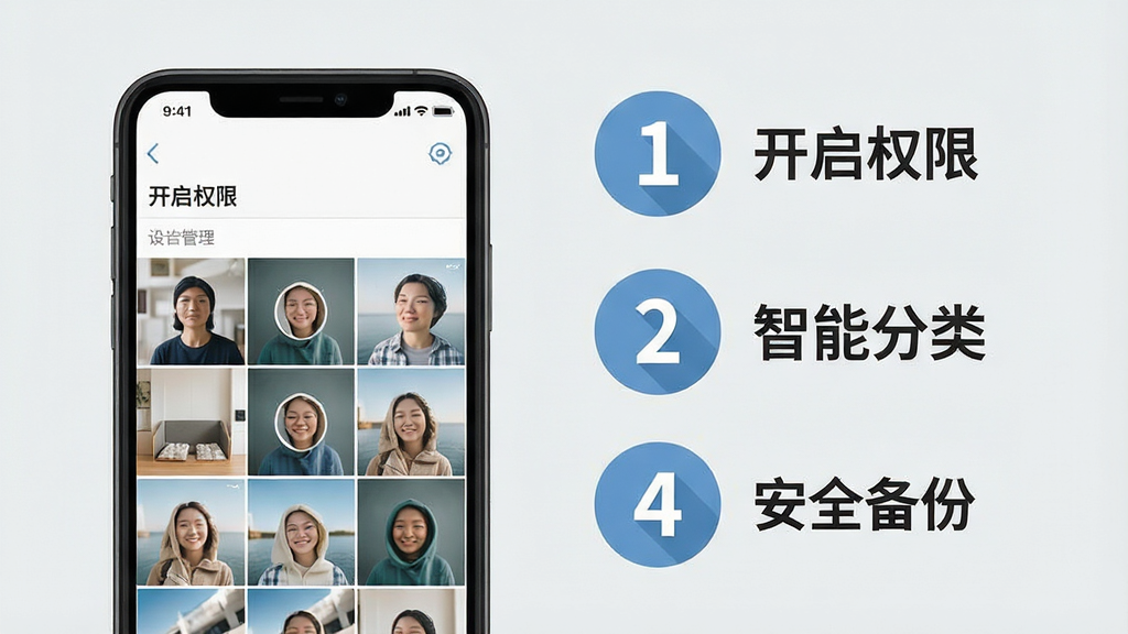 一张分步教程风格插图,画面左侧是手机屏幕,屏幕上显示相册图库管理的设置界面,右侧用步骤序号标注着1-2-3-4的圆形图标,每个图标旁有简短说明文字,例如“开启权限”、“智能分类”、“安全备份”,背景为浅灰色,整体风格简洁明了,突出教学指导的实用性,画质清晰,无多余装饰元素