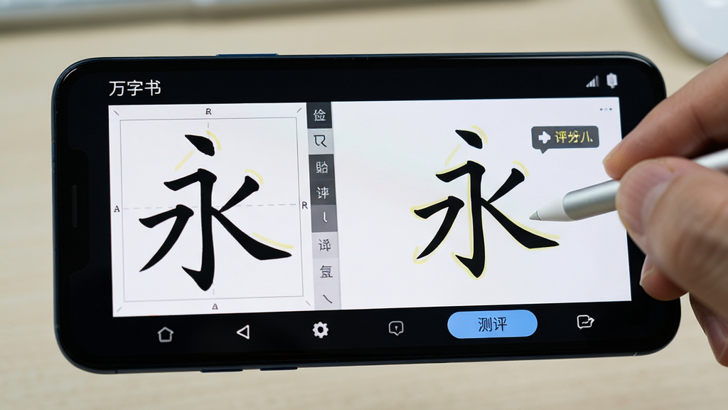 主体:“万字书”应用在安卓手机上的手写练习界面,手指或触控笔正在书写“永”字。布局:手机横屏展示,左侧为字帖示范,右侧为书写区,底部有测评按钮。排版:功能区域划分明确,笔迹清晰。风格:真实使用场景摄影风格,浅景深效果。细节:屏幕上显示高亮的笔画轨迹,旁边有评分提示。画质:高清,细节丰富,曝光准确,画面整洁。