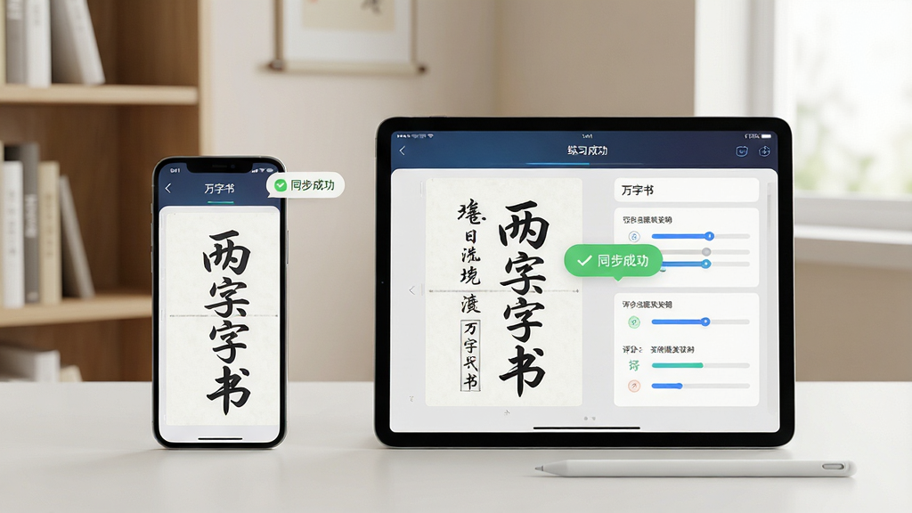 主体:展示“万字书”应用在手机与平板设备上的同步使用场景,屏幕上显示相同的练习进度界面。布局:手机与平板并排摆放,屏幕内容互有呼应,背景为简洁的书房一角。排版:画面均衡,设备屏幕内容(字帖、评分图表)清晰可见。风格:现代科技感与人文关怀结合,光线柔和。细节:设备上显示“同步成功”的提示气泡,旁边放有触控笔。画质:高解析度,色彩自然,画面洁净无杂物。