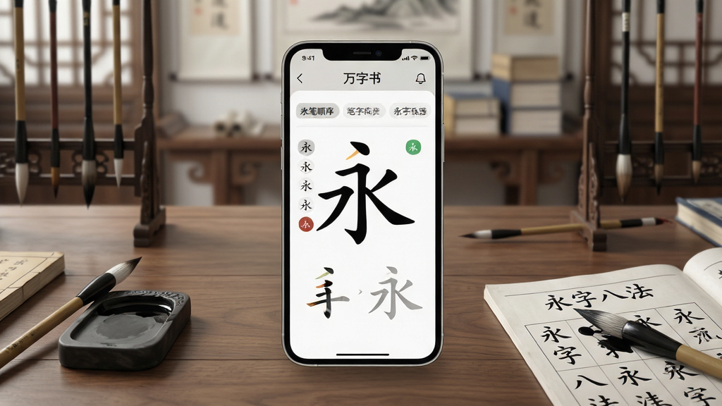 主体:一款名为“万字书”的手机应用界面悬浮于典雅书桌之上,界面清晰展示汉字“永”的笔画拆解教学。布局:应用界面居中,周围散落着毛笔、砚台、字帖等元素,背景为虚化的古典书房。排版:画面层次分明,应用界面信息(笔画顺序、书写示范)清晰可辨。风格:融合古典水墨意境与现代扁平化UI,色调淡雅。细节:毛笔笔尖沾有墨汁,字帖上印有“永字八法”字样。画质:高清渲染,画面干净,无多余元素。