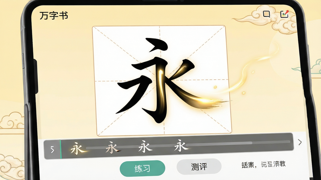 主体:“万字书”应用界面特写,屏幕上展示汉字“永”字的动态笔画教学,笔锋为金色高亮。布局:界面中央为米字格放大演示区,下方为笔画步骤条与功能按钮。排版:信息层级分明,主次有序。风格:现代教育软件风格,界面清爽,搭配淡黄色护眼背景。细节:笔画动画带有流动的光效,功能按钮有“练习”、“测评”等文字标签。画质:高分辨率,图像锐利,干净无多余元素。