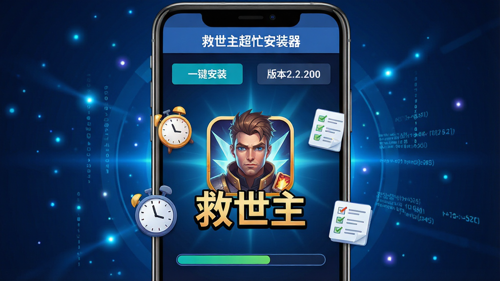 主体:一款名为“救世主超忙安装器”的安卓应用界面,手机屏幕中央显示着醒目的游戏角色图标与“救世主”字样。布局:画面主体为手机竖屏展示,背景为深蓝色科技感光效,周围有零散的光点和数据流。排版:界面简洁,顶部为“救世主超忙安装器”标题,下方有“一键安装”、“版本2.2.200”等按钮和信息栏。风格:现代扁平化UI设计,结合游戏CG风格。细节:手机屏幕内呈现安装进度条,周围环绕着象征“忙碌”的时钟与任务清单小图标,整体色调明亮。画质:高清渲染,干净,无多余元素。