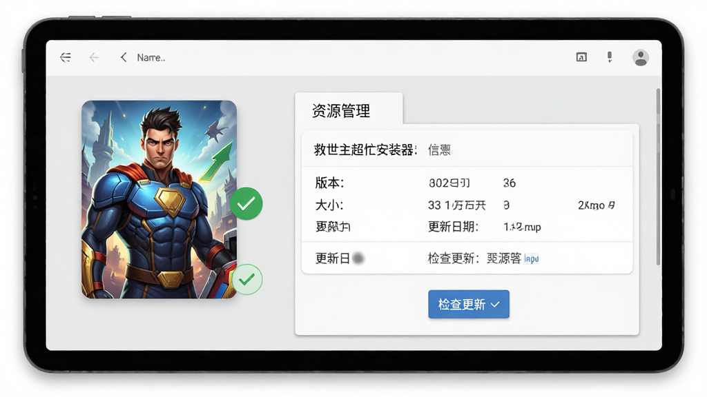 主体:“救世主超忙安装器”的资源管理界面,显示游戏版本号与“检查更新”按钮。布局:平板电脑横屏展示,左侧为游戏封面图,右侧为详细信息列表。排版:界面采用卡片式布局,顶部有“资源管理”标签,下方是版本、大小、更新日期等行。风格:干净清爽的Material Design风格。细节:游戏封面为一名英雄角色,旁边有绿色对勾图标表示已是最新版本,背景为浅灰色,有细微的阴影层次。画质:清晰,干净,无多余元素。