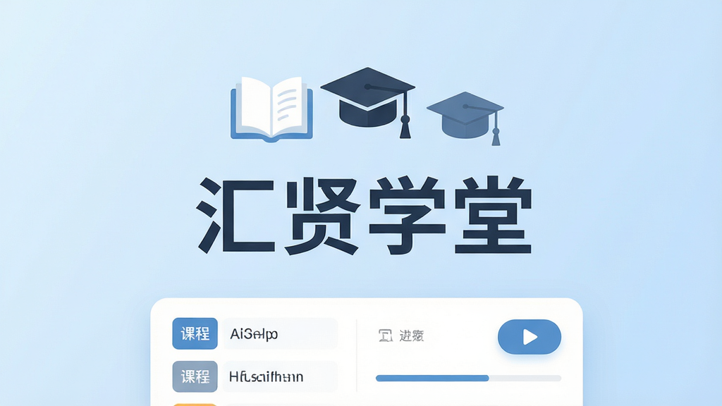主体:现代简约风格的教育应用界面,展示“汇贤学堂”四个字,背景为淡蓝色渐变,搭配书本、学士帽图标。布局:居中构图,界面清晰,图标在文字上方。排版:文字采用无衬线字体,醒目大气。风格:扁平化设计,清新专业。细节:界面包含课程列表、播放按钮、进度条等元素,整体干净整洁。画质:高清渲染,色彩柔和,无多余元素。