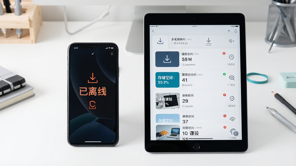 主体:手机与平板并排展示,屏幕中显示“已离线”图标和课程列表。布局:设备居中,背景为简洁的工作台。排版:界面清爽,功能图标明显。风格:实物摆拍风格,光线明亮。细节:设备屏幕上有下载箭头、存储空间显示,体现多端协同。画质:高分辨率,干净整洁。
