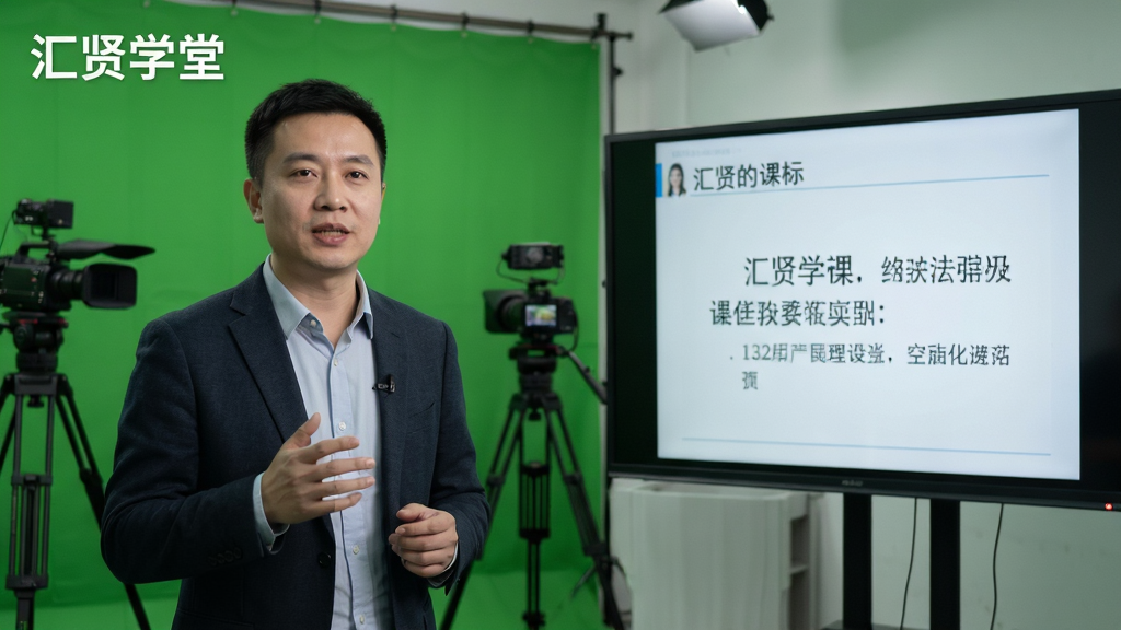主体:一位讲师在录课室中面对镜头讲课,屏幕角落显示“汇贤学堂”水印。布局:讲师位于画面左侧,右侧为课件幻灯片。排版:讲师形象专业,课件文字清晰可见。风格:写实摄影风格,灯光柔和。细节:讲师手势自然,背景有绿幕和录制设备,画面简洁专注。画质:高清,色彩自然,无多余元素。