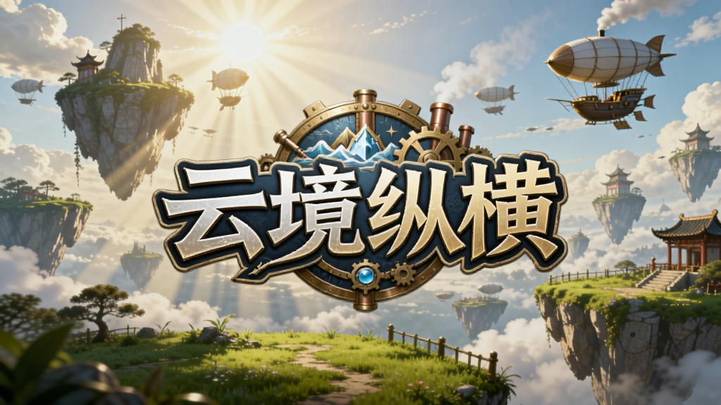 画面中心展示“云境纵横”游戏logo,背景是壮丽的浮空岛屿群,阳光穿透云层洒在翠绿的草地上,远处有蒸汽飞艇缓缓驶过,整体色调明亮温暖,风格为东方幻想与蒸汽朋克结合,主视觉构图大气磅礴,细节丰富,高清渲染,干净无多余元素