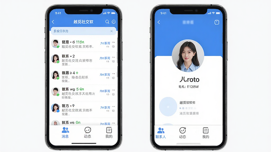 越觅社交软件主界面预览图,展示聊天列表与个人主页,整体风格清新简约,以蓝色和白色为主色调,布局采用底部导航栏设计,包含消息、联系人、动态、我的四个标签页,画质清晰,干净无多余元素。