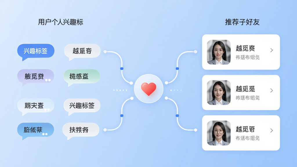 越觅智能匹配功能示意图,左侧为用户个人兴趣标签,右侧为推荐好友卡片列表,背景呈浅蓝色渐变,中央有连接线条与心形图标,排版清晰直观,风格简洁现代,画质高清干净。