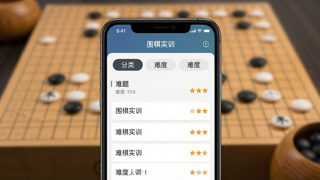 手机界面展示“围棋实训”的题库列表,屏幕上有分类标签与难度星级,背景为棋盘虚化,整体布局清晰,排版整齐,风格现代简约,细节丰富,画质干净,无多余元素。