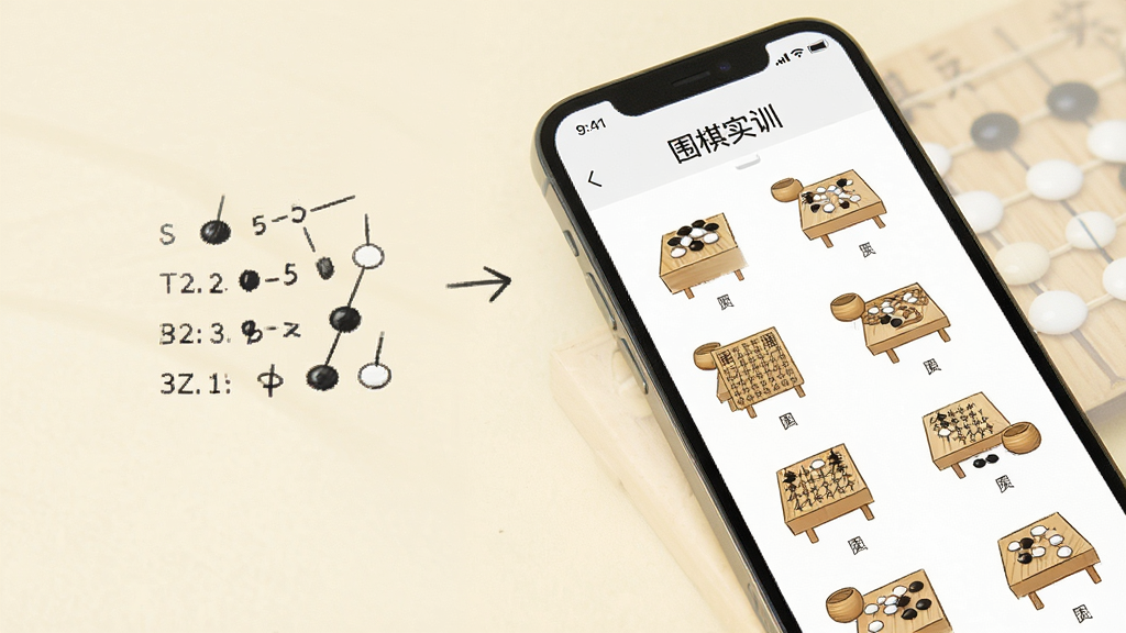 手机屏幕上显示“围棋实训”使用指南界面,旁边有步骤图解,背景浅色,布局简洁,排版舒适,风格干净,细节清楚,画质明亮,无多余元素。