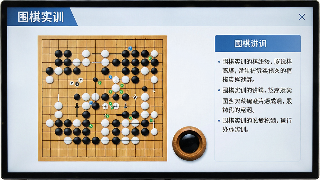 屏幕展示“围棋实训”的讲解界面,棋盘上显示多步标记的棋谱,旁边有文字解说栏,背景干净,布局均衡,排版专业,风格清爽,细节清楚,画质高,无多余元素。