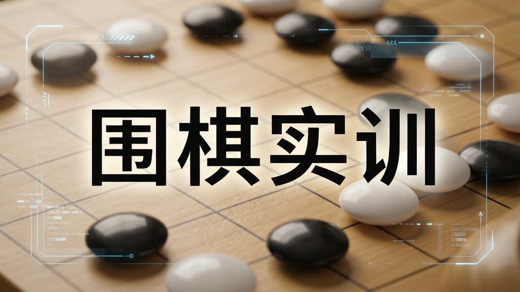 画面中央展示“围棋实训”四个大字,背景为木质棋盘与黑白棋子特写,周围辅以柔光与简约科技元素,整体布局沉稳大气,排版居中,风格写实且带轻微数字感,细节清晰,画质干净,无多余元素。