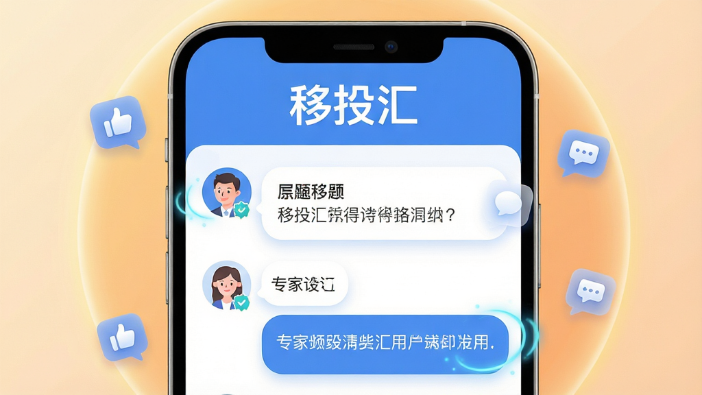 主体:移投汇App的问答社区界面,屏幕上有头像与文字气泡。布局:手机屏幕占据画面大部分,周围悬浮着点赞、评论的小图标,背景为暖色圆形光晕。排版:屏幕中上方显示“移投汇”三个字,下方是用户提问与专家回答的对话列表。风格:社交化设计,亲和力强,色彩柔和,以蓝白为主色调。细节:头像带有认证标识,文字气泡圆润,有动态光效。画质:清晰锐利,干净,无多余元素。