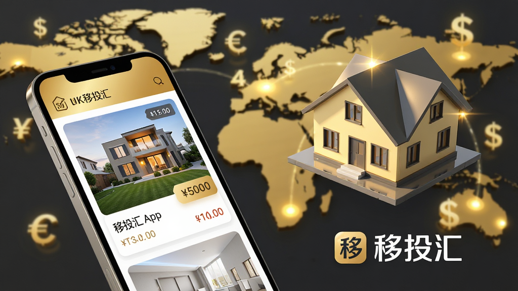 主体:移投汇App的房产板块展示,背景是世界地图与货币符号。布局:画面左侧为手机屏幕,右侧为悬浮的3D房屋模型,整体呈对角线构图。排版:手机屏幕上显示房源图片与价格标签,右侧模型下方有“移投汇”logo。风格:科技感与真实感结合,色彩明亮,以金色与深灰为主。细节:房屋模型带有光影反射,背景虚化,地图上发光点代表项目位置。画质:4K渲染,干净,无多余元素。