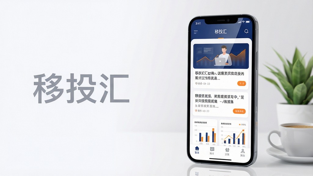主体:移投汇App主界面展示,前景为手机屏幕,屏幕内显示清晰的资讯列表与图表数据。布局:手机位于画面中央偏右,左侧留白处放置浅灰色文字“移投汇”,整体采用左右构图,突出应用界面。排版:手机屏幕内图文并茂,上方为导航栏,中部为新闻标题卡片,底部为标签栏。风格:现代扁平化设计,主色调为深蓝色与白色,搭配少量橙色点缀。细节:屏幕反射柔和光线,背景为浅色渐变,桌面有绿植与咖啡杯。画质:高清渲染,干净,无多余元素。