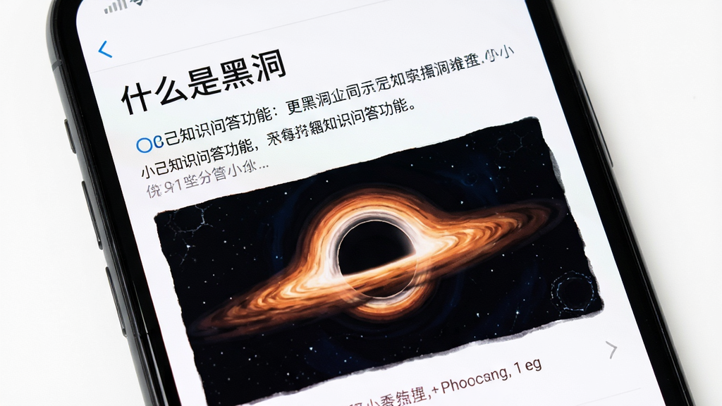 小己知识问答功能界面截图,手机屏幕显示“什么是黑洞”的百科式回答,包含文字与图片,背景白色,排版清晰,画质高清,干净无多余元素
