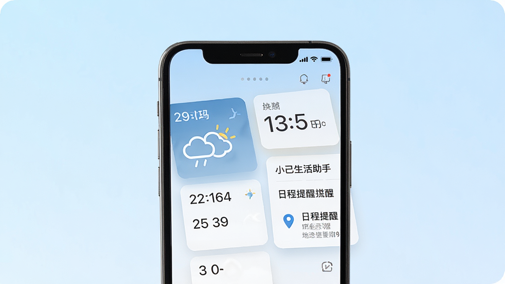小己生活助手功能示意图,手机界面展示天气卡片与日程提醒列表,包含日期时间与地点信息,背景为淡蓝色渐变,设计简洁美观,画质高清,干净无多余元素