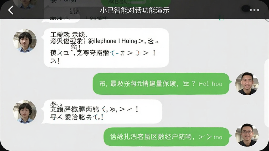 小己智能对话功能演示截图,手机界面显示用户与AI的连续问答气泡,包含中文和英文翻译内容,背景为浅灰色,界面干净,字体清晰,画质高清,突出AI对话能力