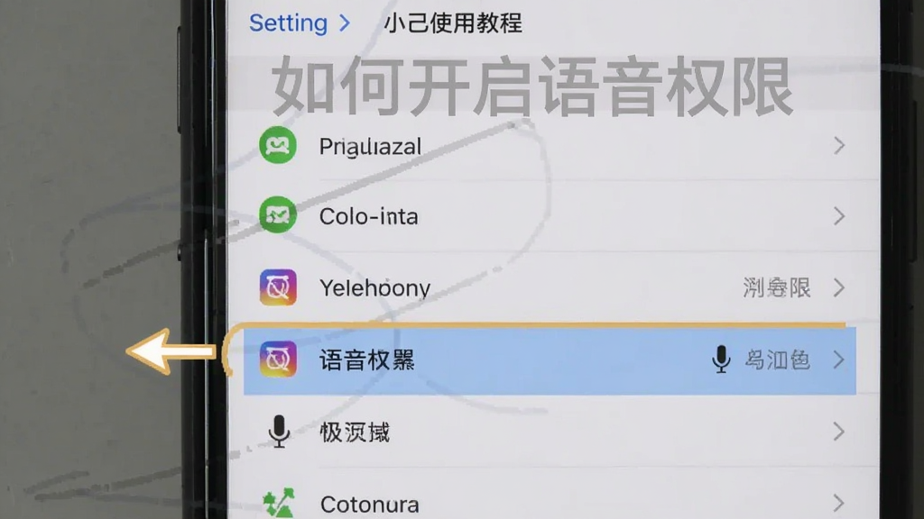 小己使用教程步骤截图,用图示展示如何开启语音权限,手机设置界面包含应用权限列表,高亮麦克风选项,画质清晰,干净无多余元素