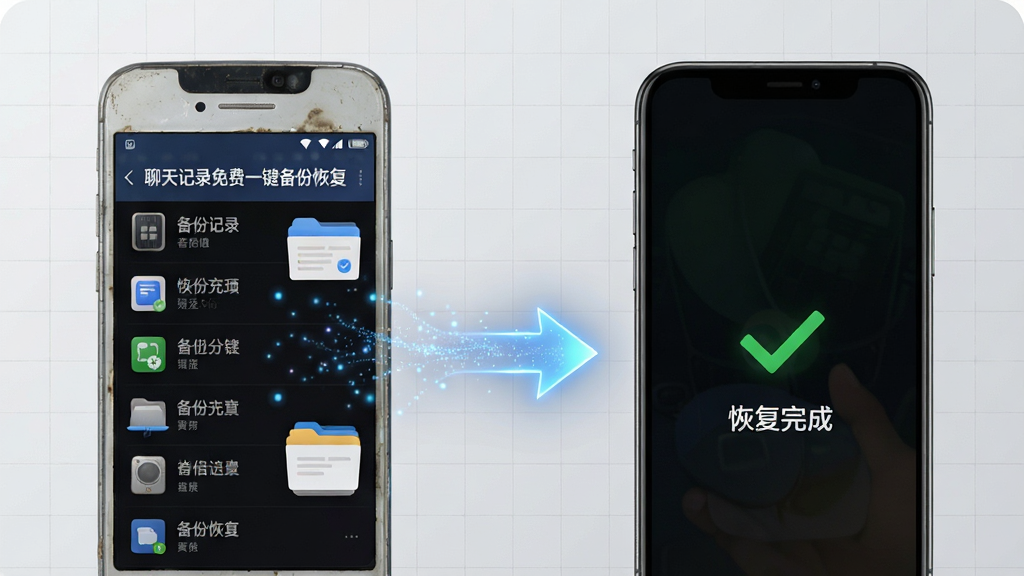 画面主体为两部手机之间有一条发光的箭头连接线,左侧旧手机屏幕显示