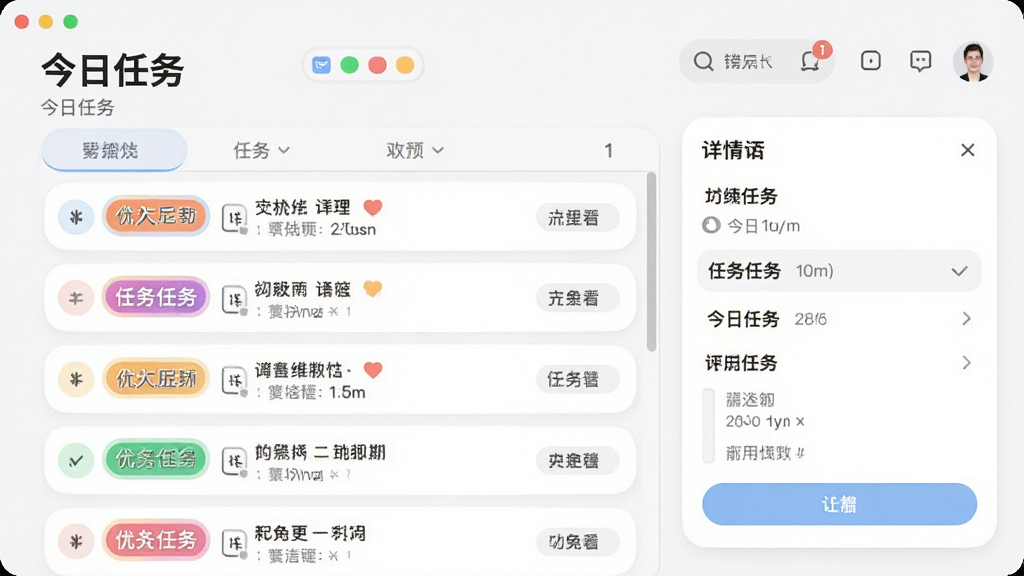 展示Lunary软件任务管理功能界面,左侧为任务列表,右侧为详情面板,任务项以彩色标签区分优先级,界面采用浅色背景,圆角卡片设计,顶部有“今日任务”标题,整体风格简洁明亮,细节丰富,画质清晰,无多余元素