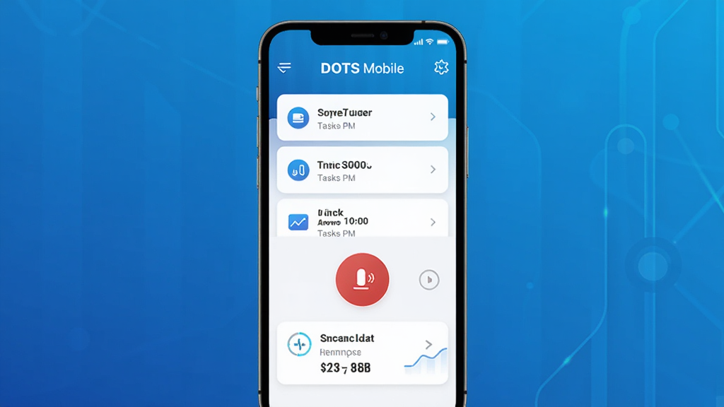 图片展示DOTS Mobile应用主界面,手机屏幕中显示任务列表、录音按钮和收益统计,背景为科技感蓝色渐变,界面简洁现代,图标清晰,文字标注“DOTS Mobile”,整体风格干净明亮,画质高清,无多余元素