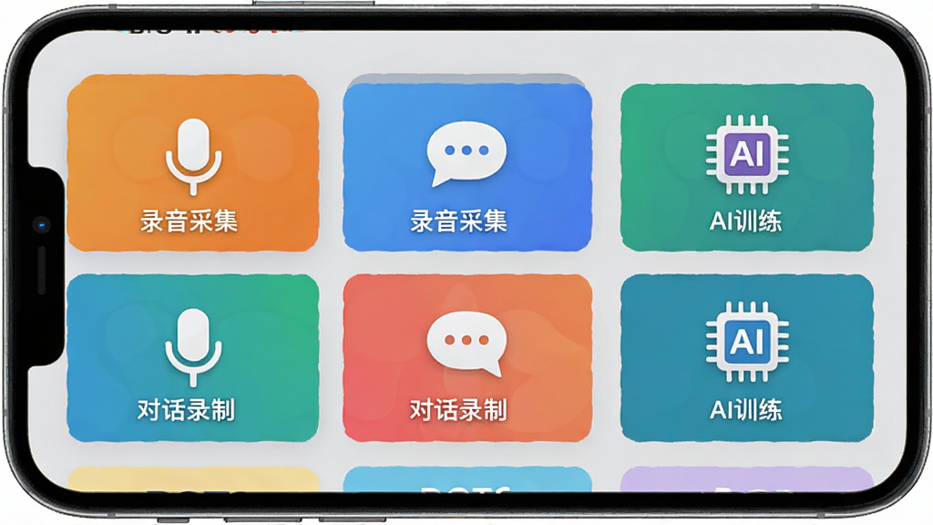 展示DOTS Mobile任务选择界面,手机屏幕中显示多个任务卡片,图标包括麦克风、对话气泡和AI芯片,色彩丰富,布局整齐,文字标注“录音采集”、“对话录制”、“AI训练”,背景为浅灰色,画质干净,无多余元素
