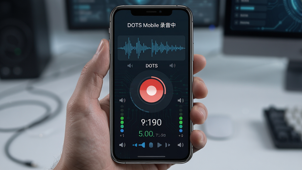 展示DOTS Mobile录音界面,手机屏幕中央有红色录音按钮,周围显示音频波形、计时器和音量指示条,背景为深色科技风,文字标注“DOTS Mobile 录音中”,画质清晰,细节丰富,无多余元素