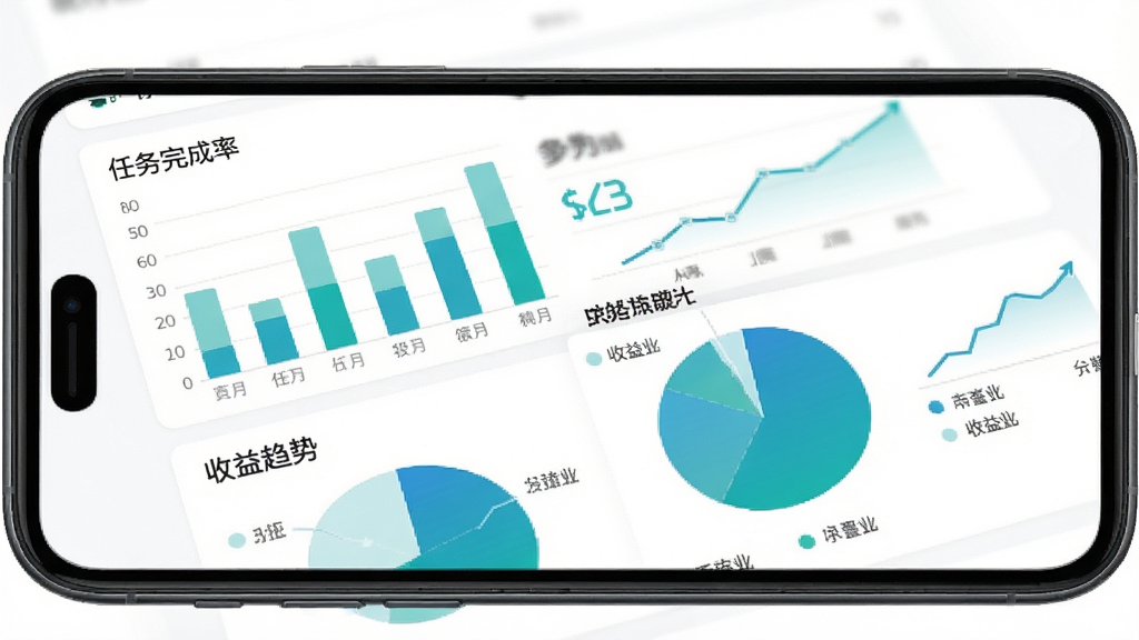 展示DOTS Mobile数据统计页面,手机屏幕中显示柱状图和饼图,标注“任务完成率”、“收益趋势”,色彩以蓝绿色为主,界面简洁,文字清晰,背景为白色,画质高清,无多余元素
