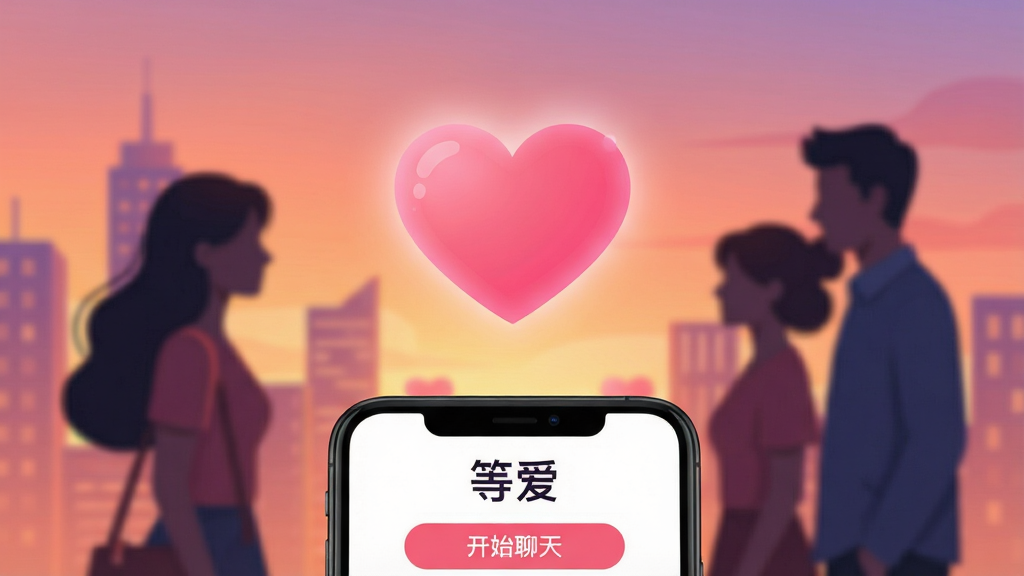 等爱App主视觉,画面中央悬浮一个发光的粉色爱心,两侧是模糊的都市男女剪影,背景为渐变的晚霞色调,整体风格温暖浪漫。界面下方显示手机屏幕,屏幕内呈现匹配成功界面,有“等爱”字样和“开始聊天”按钮。排版上主体突出,爱心居中,人物对称,屏幕位于底部三分之一处,风格为现代扁平化插画,细节丰富,画质高清,干净无多余元素。