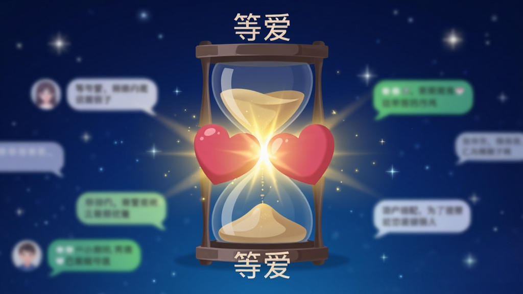 等爱App缘分速配动画截图,画面中央是一个沙漏与两颗碰撞的爱心,发出金色光芒,四周有模糊的聊天气泡。背景为深蓝色渐变,有闪烁的星辰,风格神秘浪漫,标注“等爱”字样,沙漏位于画面中心,爱心对称,排版简洁,画质高清,无多余元素。