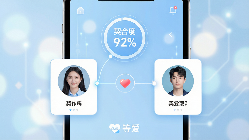 等爱App智能匹配功能展示图,手机界面显示两个用户画像卡片,上方有“契合度92%”的圆形标识,卡片间有连接线条与爱心图标。背景为柔和的光斑,整体采用浅蓝色科技感风格,界面元素标注“等爱”Logo。画面主体为手机屏幕特写,排版清晰,左右对称,风格干净现代,画质细腻,无多余元素。