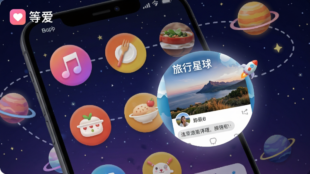 等爱App兴趣星球界面展示,手机屏幕中排列着多个彩色圆形图标,分别代表电影、音乐、美食等,其中一个“旅行星球”图标被放大,内部显示用户上传的风景照片与评论。背景为星空图案,星球之间用虚线连接,风格活泼梦幻,标注“等爱”Logo,排版错落有致,画面干净,细节丰富。