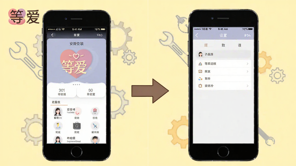等爱App使用教程示意图,画面分为左右两部分,左侧是手机安装步骤图标,右侧是设置界面截图,中间有箭头指示。背景为淡黄色,有工具与齿轮元素,风格简洁实用,标注“等爱”Logo,排版清晰,画质干净,无多余元素。