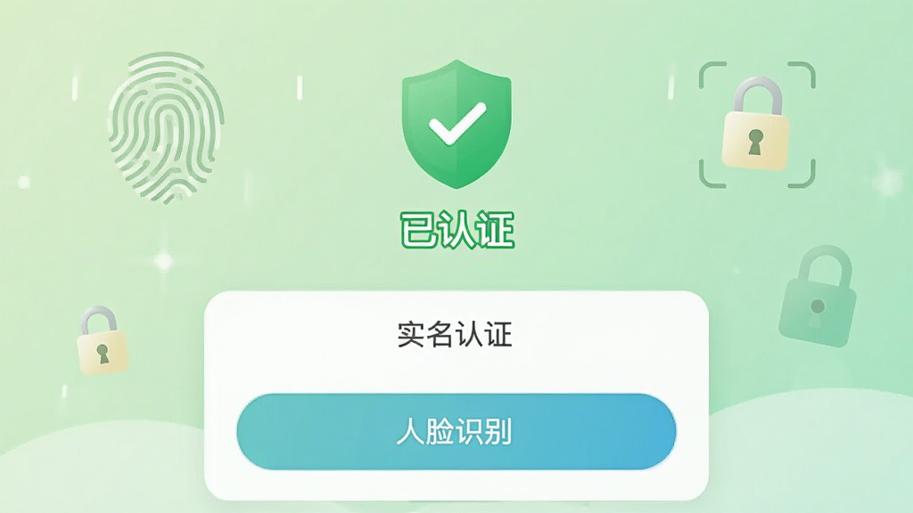 等爱App身份认证页面截图,界面展示“实名认证”与“人脸识别”两个选项,上方有绿色盾牌图标与“已认证”字样。背景为淡绿色渐变,有指纹与锁形装饰元素,整体风格安全可信,排版采用居中卡片式设计,标注“等爱”Logo,画质清晰,无多余元素。