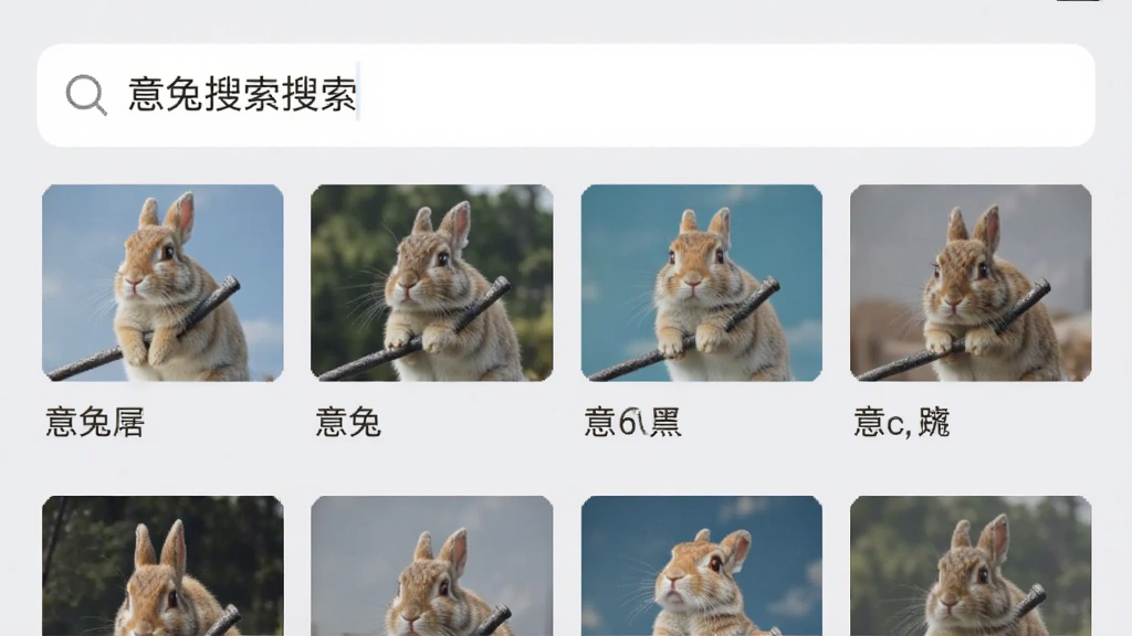 意兔App搜索功能界面截图,手机屏幕显示搜索框内输入关键词,下方以网格形式展示搜索结果,每个结果包含缩略图和片名,背景为浅灰色,界面干净明亮,排版规整,画质清晰,无多余元素
